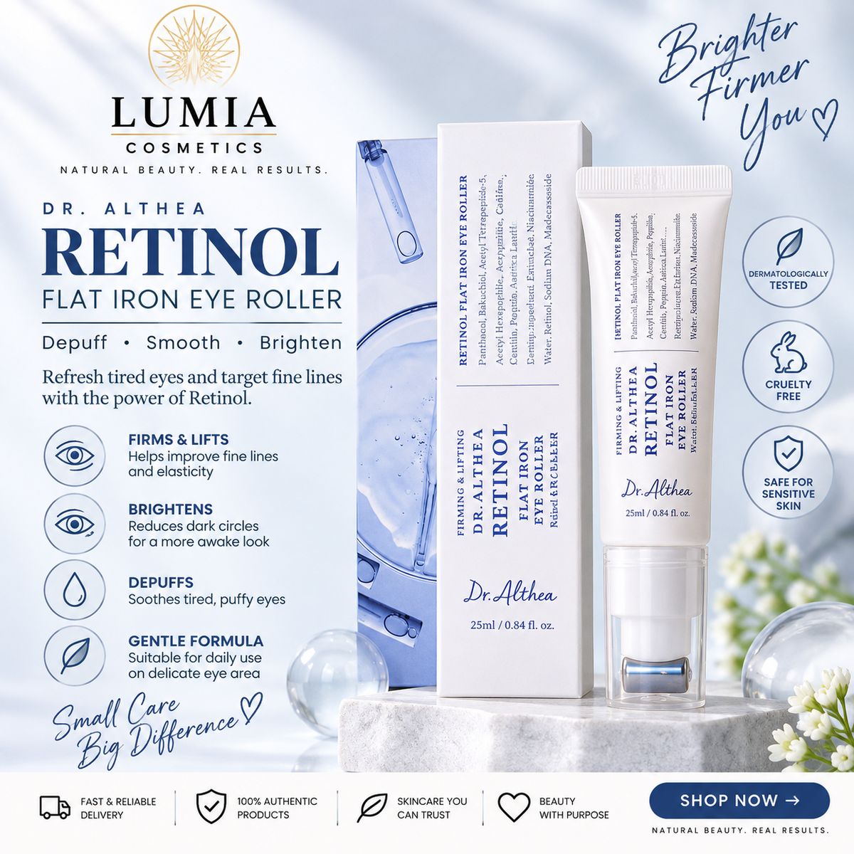 Dr. Althea Retinol Flat Iron Eye Roller features and benefits
